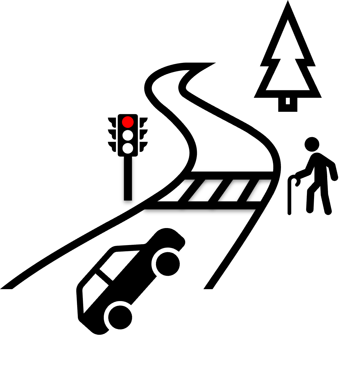 A car approaching a crossing where a pedestrian waits at a red light